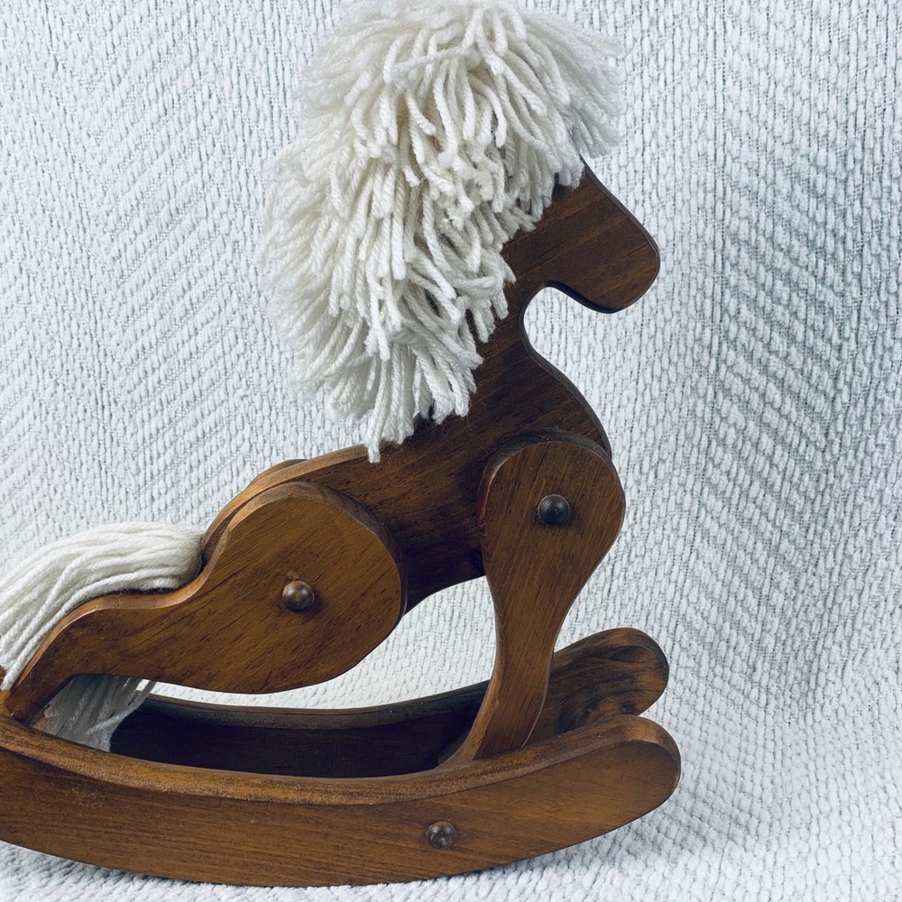 Vtg Rocking Horse Brown Wooden Yarn Mane Rustic Decor Moveable Articulated USA - Picture 2 of 8
